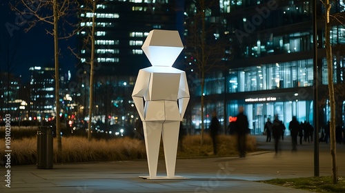 Geometric Humanoid Sculpture in Urban Setting at Night