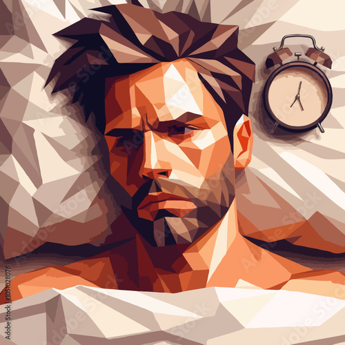 Schlafentzug-, Schlaflosigkeits- kaukasischer Mann, der nachts zu Hause im Bett liegt und kein Auge zu bekommt. Low-Poly Illustration