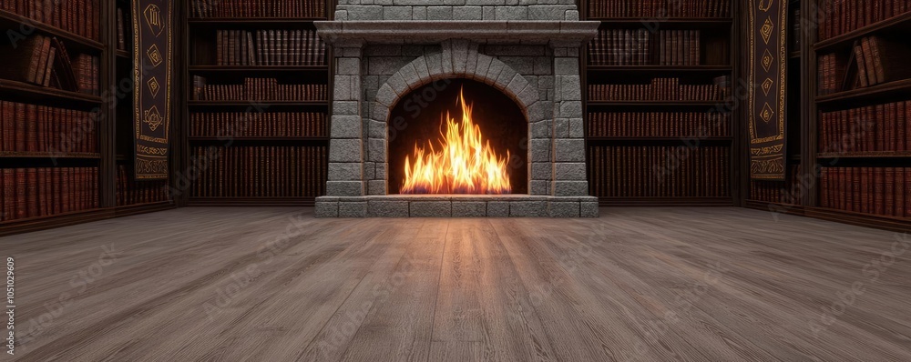 A warm fireplace in a cozy library with wooden flooring and bookshelves. A warm fireplace in a cozy library with wooden flooring and bookshelves.