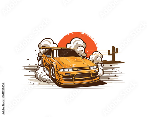 yellow car drift on desert