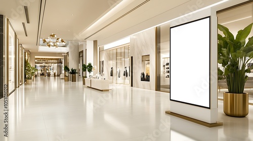 A white light box positioned in a modern luxury retail store with marble floors, brass fixtures, and neutral tones. The light box stands out as a central display element