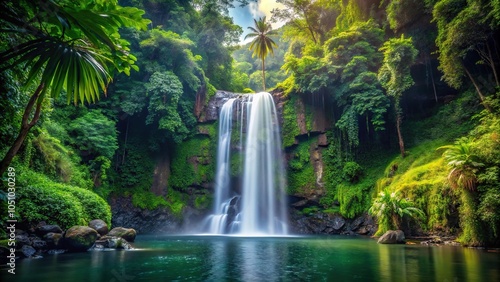 Beautiful minimalist waterfall surrounded by lush jungle trees