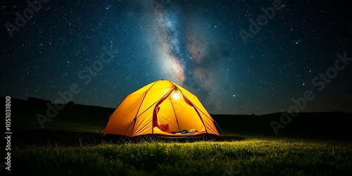 A luminous tent illuminates the grassy landscape, casting a warm glow against the backdrop of a star-studded night sky, where the milky way stretches across the celestial canvas.