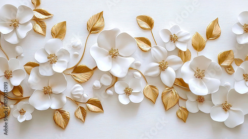 3d white flowers with golden leaves on white background