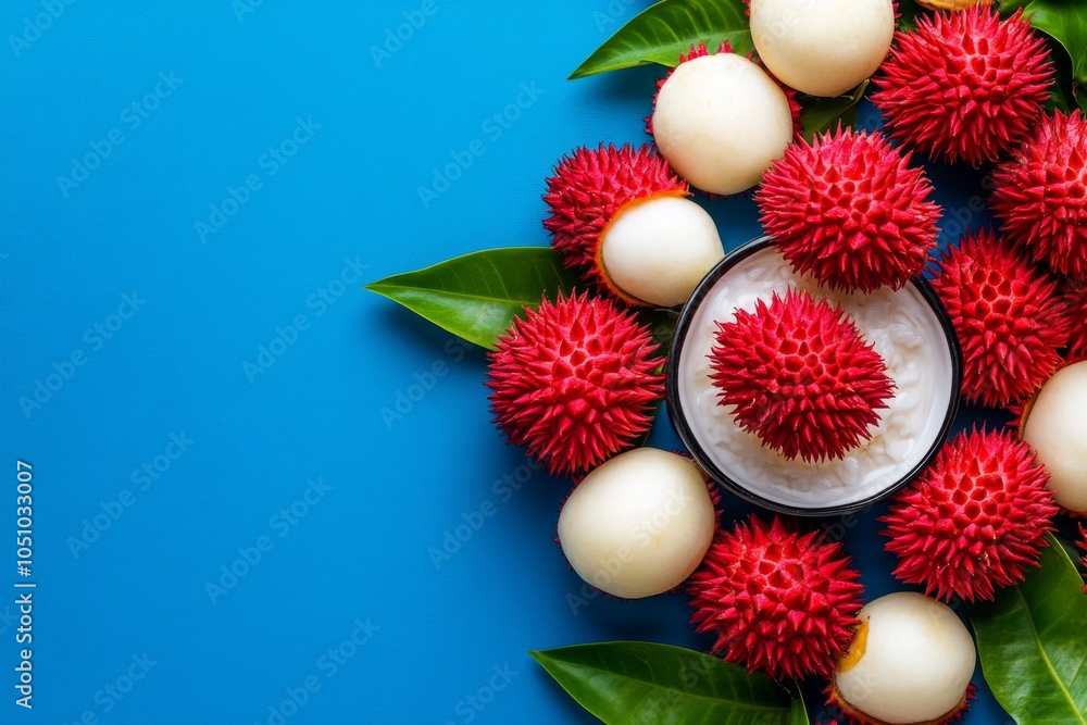 A minimalist composition of rambutan, guava, and custard apple, with abstract shapes and soft colors A minimalist composition of rambutan, guava, and custard apple, with abstract shapes and soft colors