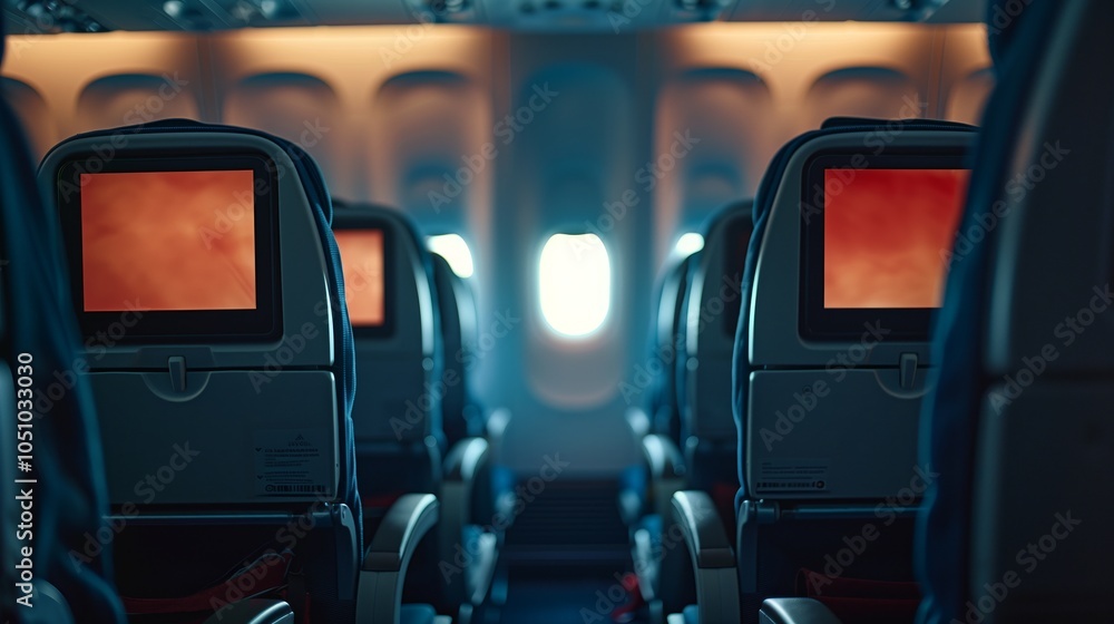 Fototapeta premium A photo of an airplane seat with a blank screen on the back, with other seats in the background.