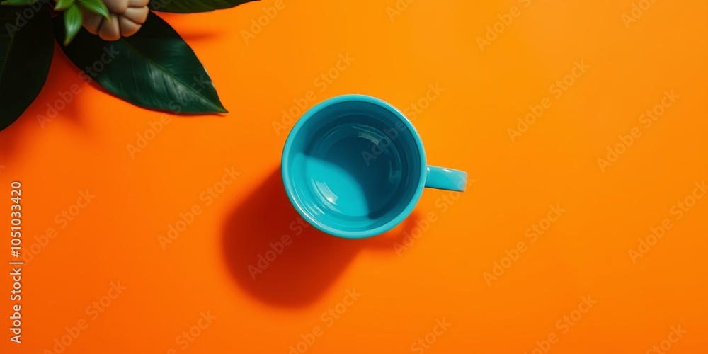 A blue mug on an orange background with a leaf extending from the frame. The mug has a round base and a handle extending to the right. The mug casts a shadow on the orange surface. A blue mug on an orange background with a leaf extending from the frame. The mug has a round base and a handle extending to the right. The mug casts a shadow on the orange surface.