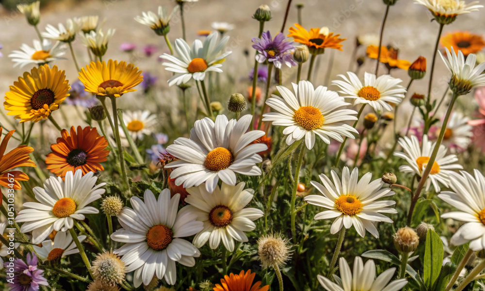 Fototapeta premium White field daisies in a meadow in the sunlight