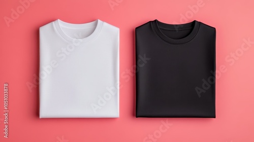 Blank White and Black T shirts Folded on a Pink Background, Mockup for Design and Branding
