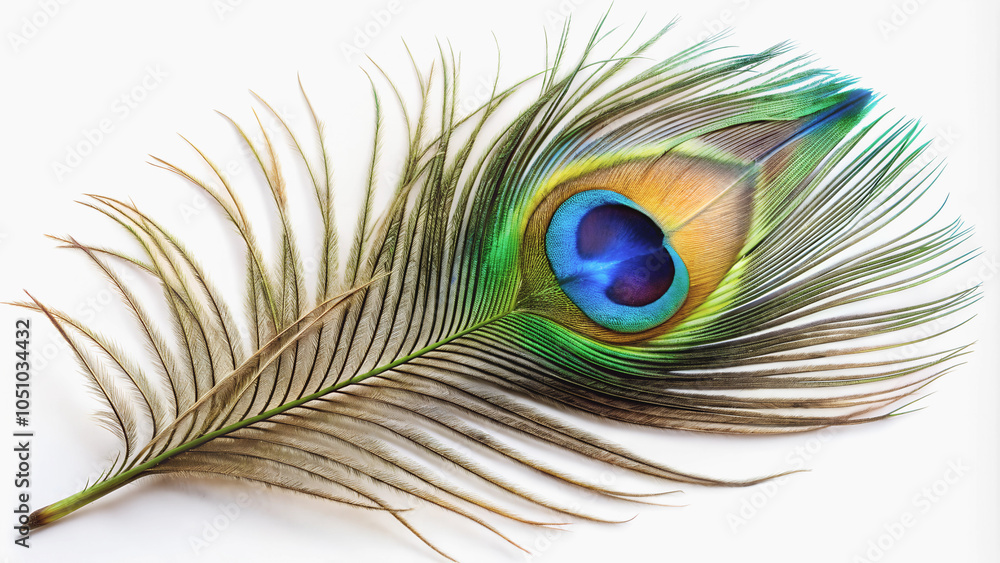Fototapeta premium A beautiful peacock feather placed on a white background, creating a feeling of lightness and sophistication.