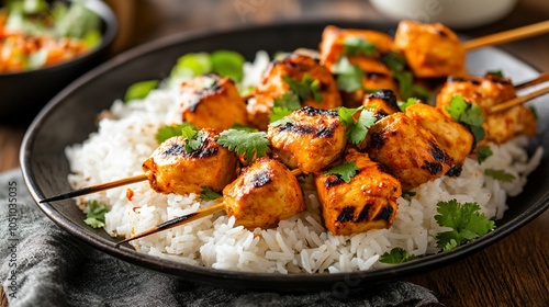 Grilled chicken skewers with rice and cilantro on a black plate.