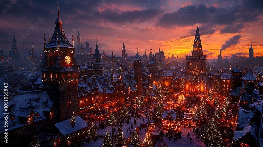 Obraz premium A Medieval Town Center Decorated for the Holidays at Sunset