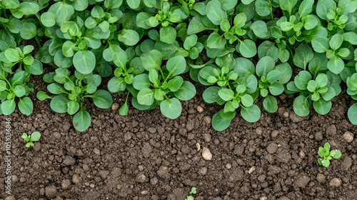 Young seedlings sprout from rich, dark soil, symbolizing growth, renewal, and new beginnings. The vibrant green leaves against the earthy background convey hope, potential, and the nurturing power of 