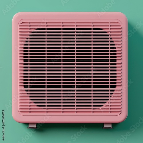 Modern pink air conditioning unit against a vibrant green wall.