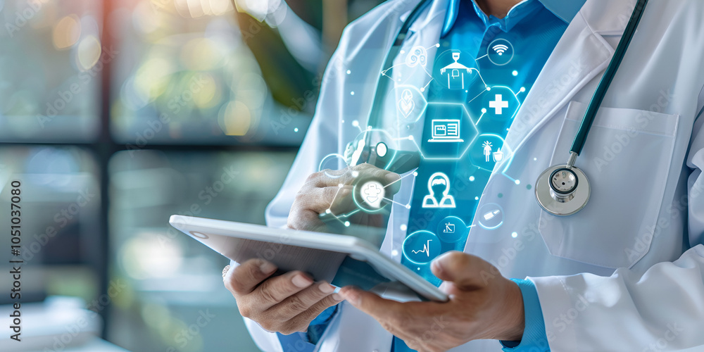 Healthcare Professional Using Tablet with Medical Icons, Digital Health Technology for Patient Care
Healthcare Professional Using Tablet with Medical Icons, Digital Health Technology for Patient Care