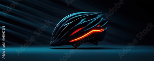 Dynamic cycling helmet against a dark background with highlighted features.