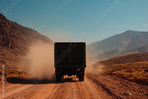 A rugged truck driving on a dusty road through mountainous terrain. photo