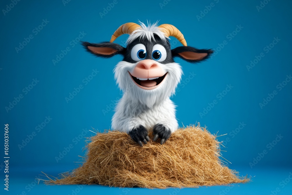 Fototapeta premium a 2D cartoon illustration of a happy goat standing on a haystack playful and fun white background