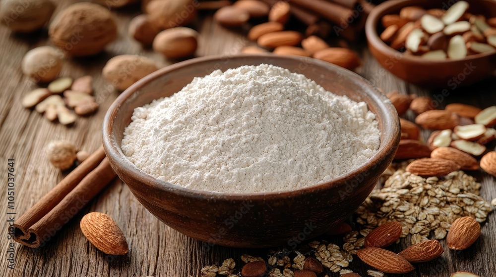 Bowl of white flour surrounded by nuts and oats on wooden background. Bowl of white flour surrounded by nuts and oats on wooden background.