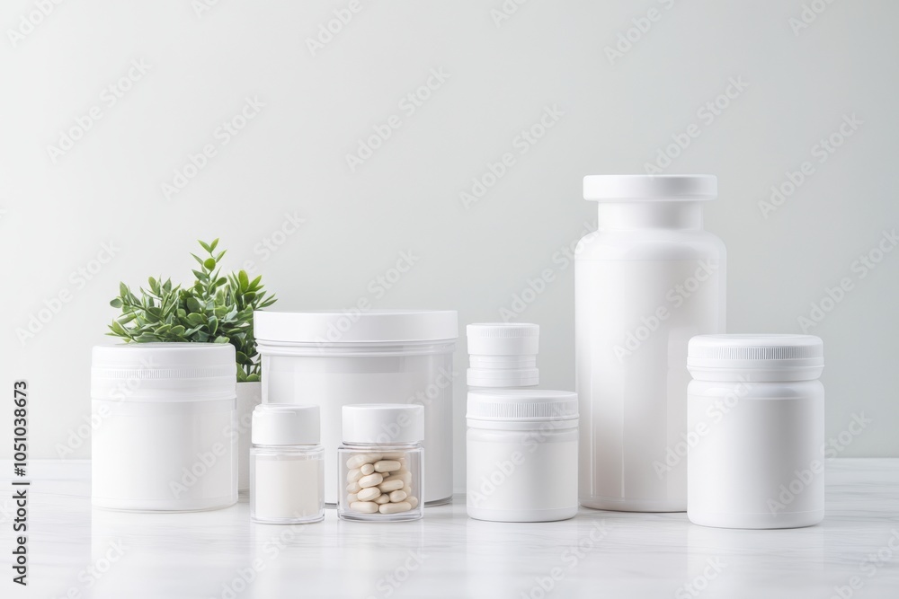 Minimalist Array of White Supplement Containers with Greenery on Marble Surface Minimalist Array of White Supplement Containers with Greenery on Marble Surface