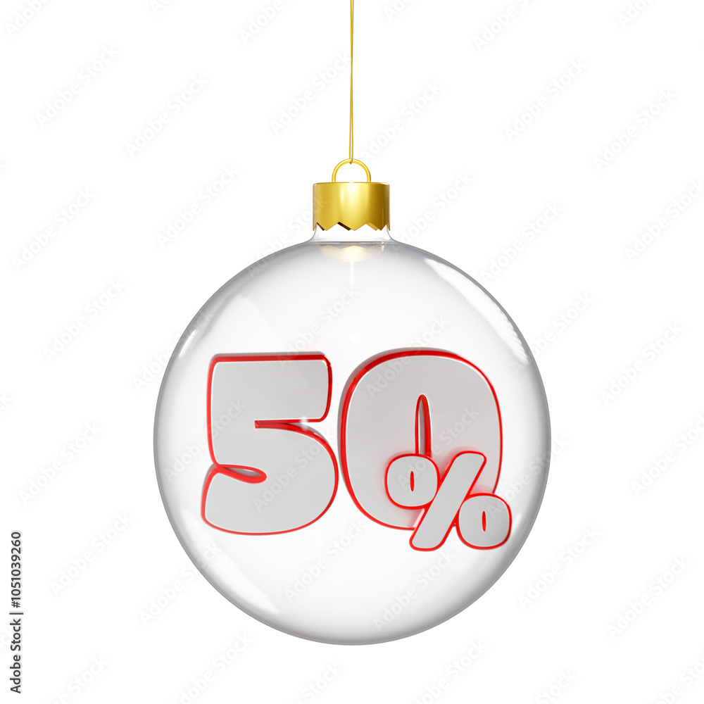 Esfera transparente con descuento navideño. Render 3D sobre fondo transparente. Ventas de navidad y año nuevo. Porcentaje del 50% Esfera transparente con descuento navideño. Render 3D sobre fondo transparente. Ventas de navidad y año nuevo. Porcentaje del 50%