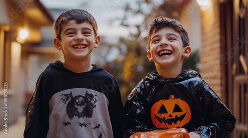 Portrait happy boys in cute Halloween costumes trickortreating photo