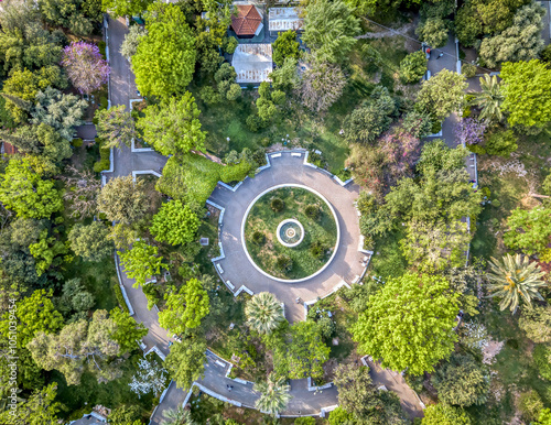 Kalithea, Athens park aerial bird view of circle fountain.