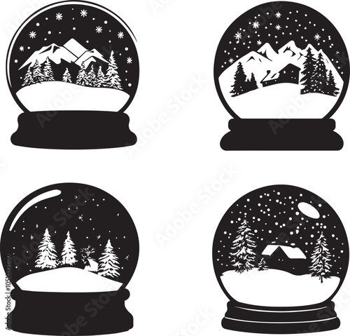 Black and white icons, Silhouette of a snow globe with a winter scene inside vector silhouette