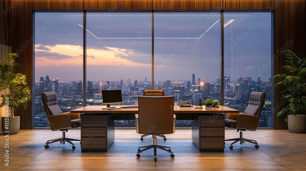 Fototapeta premium Modern office with city skyline view at sunset.