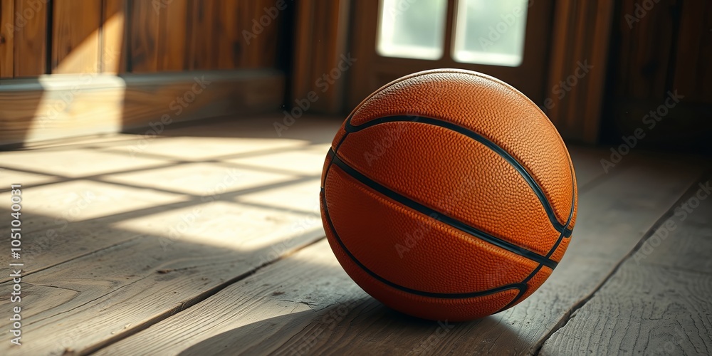 A basketball rests on a weathered wooden floor, bathed in soft sunlight streaming through a nearby window. A basketball rests on a weathered wooden floor, bathed in soft sunlight streaming through a nearby window.