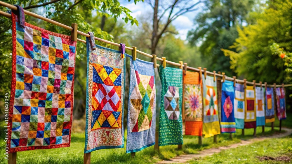 Naklejka premium Colorful quilt hanging on clothesline