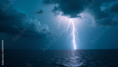 Dramatic Lightning Strike Over Ocean: Powerful Storm at Sea photo