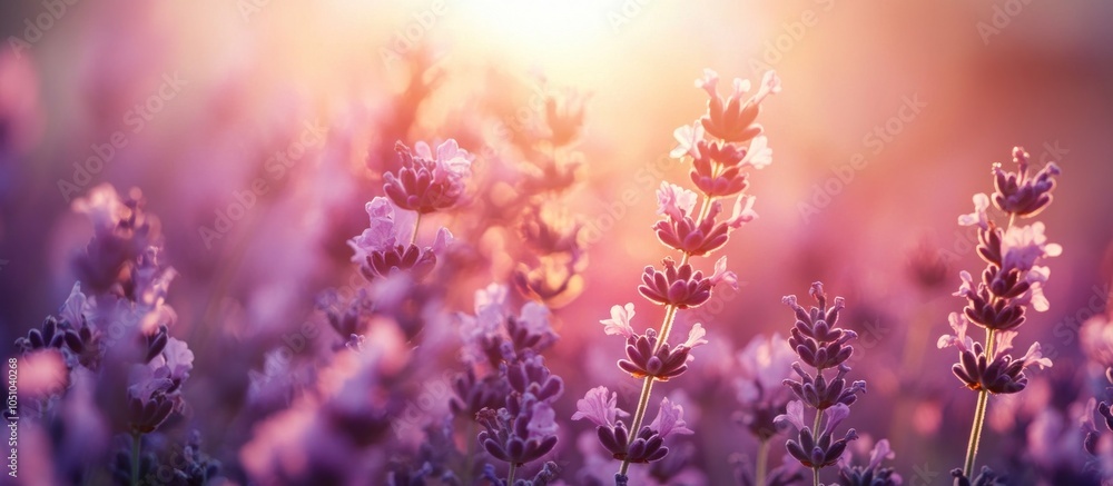 Fototapeta premium Close-up of lavender flowers in a field bathed in warm sunset light.