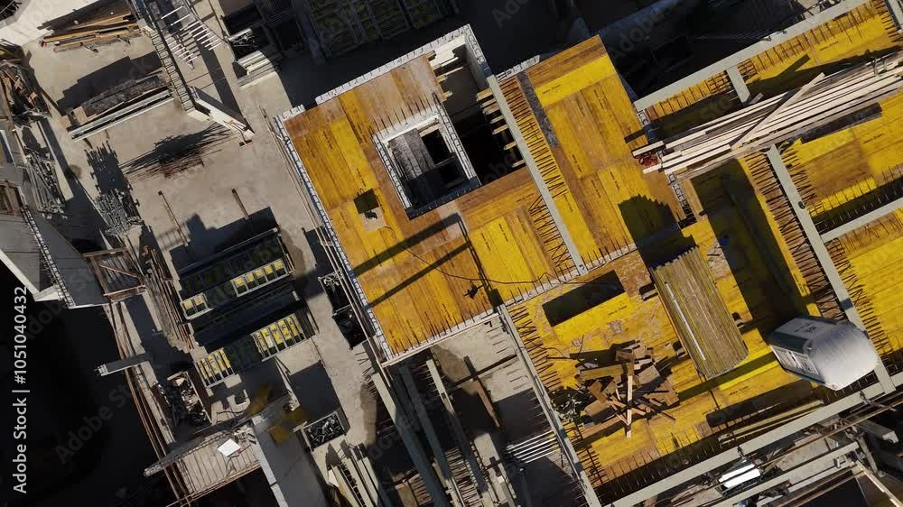 Top-down view of a construction site in Vilnius Old Town, showing tower crane, building framework, and construction materials. Top-down view of a construction site in Vilnius Old Town, showing tower crane, building framework, and construction materials.