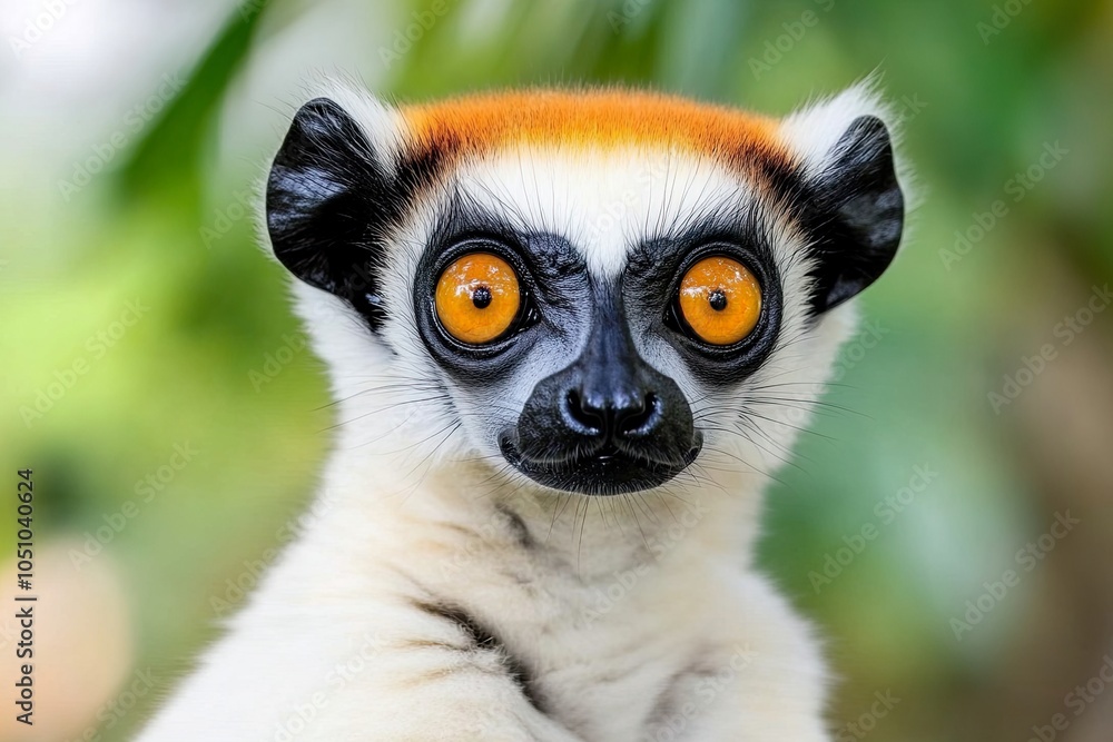 Obraz premium Close-up of a lemur with striking orange eyes.