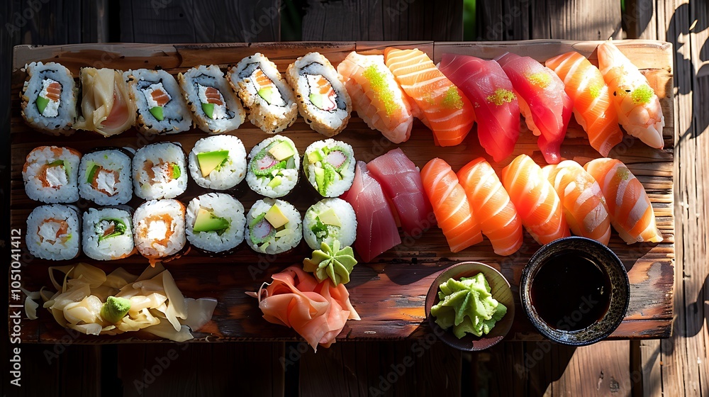 A fresh selection of sushi rolls and sashimi garnished with pickled ginger wasabi and soy sauce displayed on a rustic wooden table with natural sunlight for a delicious and appetizing look A fresh selection of sushi rolls and sashimi garnished with pickled ginger wasabi and soy sauce displayed on a rustic wooden table with natural sunlight for a delicious and appetizing look