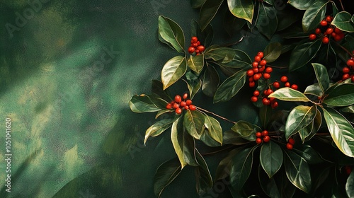 Red Berries and Green Leaves on a Dark Green Background