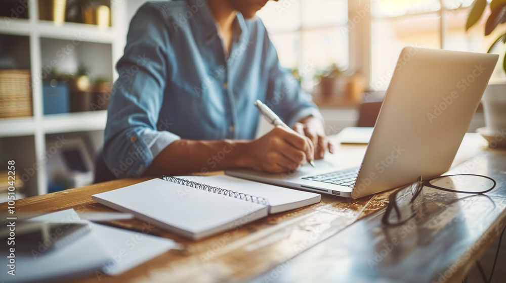 Person writing in notebook with laptop on rustic wooden desk in warm light Person writing in notebook with laptop on rustic wooden desk in warm light