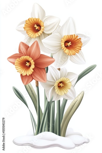 Elegant Bouquet of White and Orange Daffodils with Crisp Green Leaves