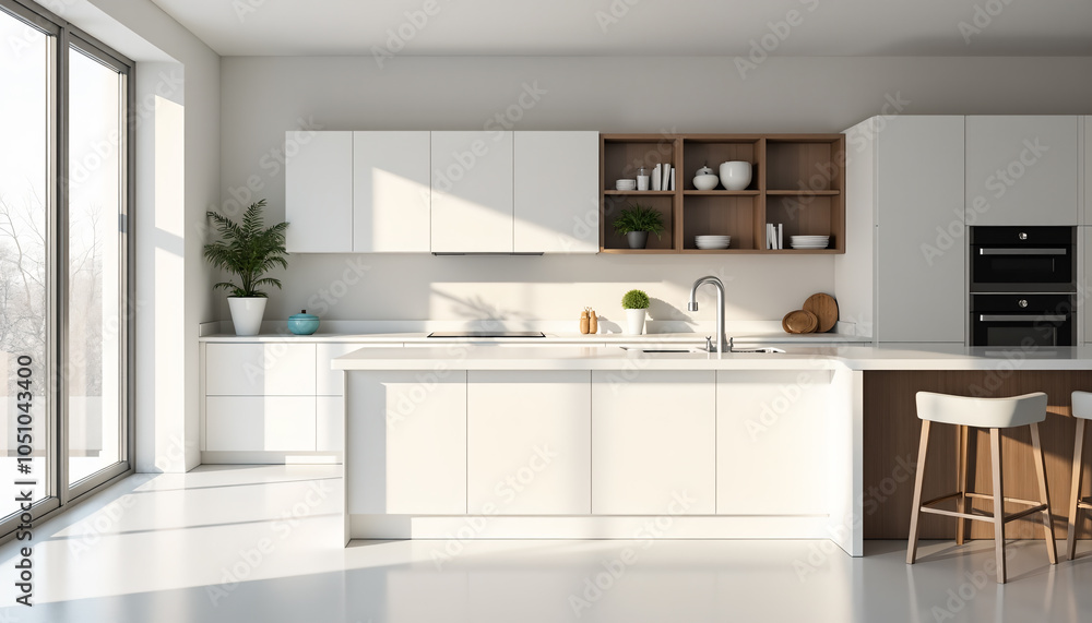 Fototapeta premium Modern White Kitchen with Island and Wooden Accents