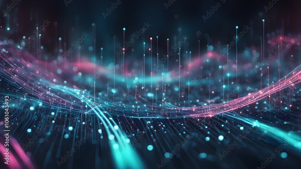 Obraz premium Abstract digital landscape with glowing lines and particles in vibrant colors.