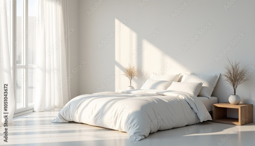 Sunlit Minimalist White Bedroom with Sheer Curtains and Wooden Nightstand Sunlit Minimalist White Bedroom with Sheer Curtains and Wooden Nightstand