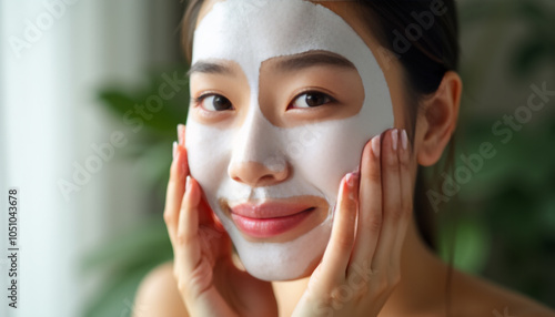 Asian Woman with White Face Mask: Skincare and Beauty Treatment