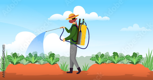 farmer spraying insecticide on agriculture in a farm field, plantation and agriculture industry