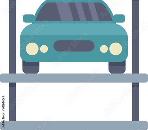 Car is parked on a hydraulic lift platform inside a modern vehicle service station