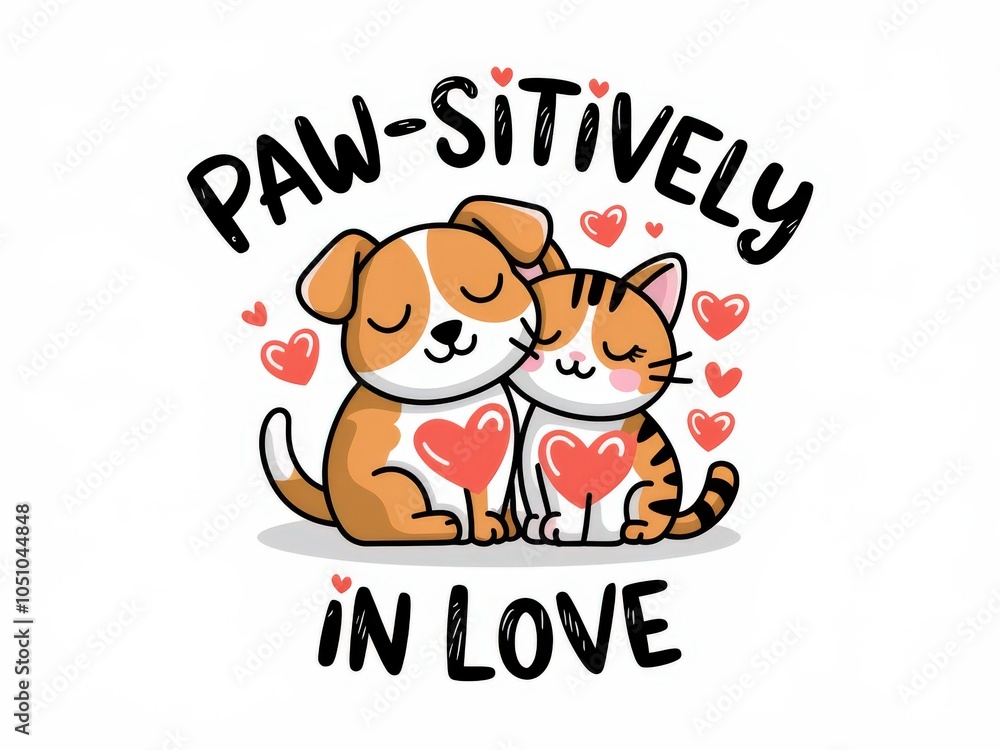 Adorable Cartoon Dog and Cat Embracing with Heart Motifs and Playful Slogan Adorable Cartoon Dog and Cat Embracing with Heart Motifs and Playful Slogan