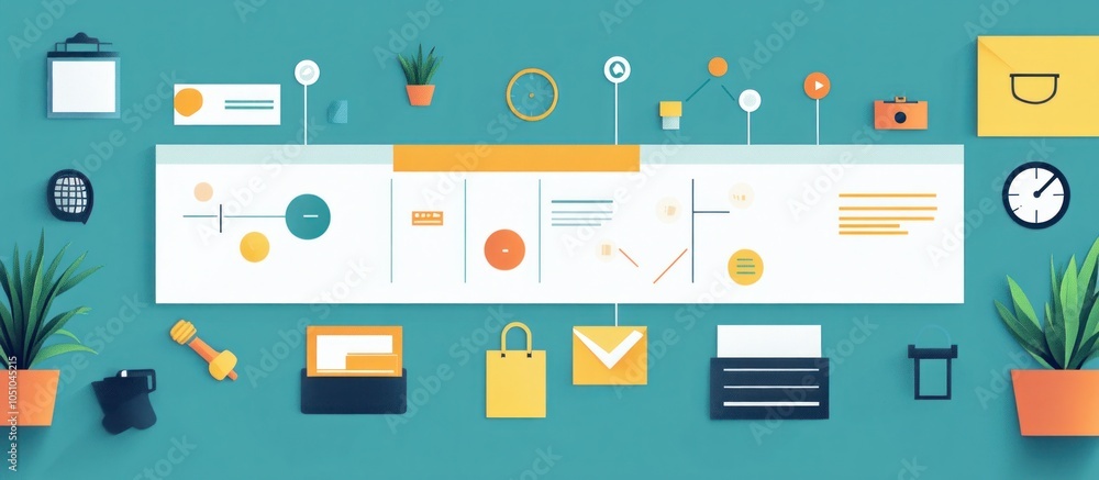 A flat design illustration of a timeline with icons and graphics for different stages of a project. A flat design illustration of a timeline with icons and graphics for different stages of a project.