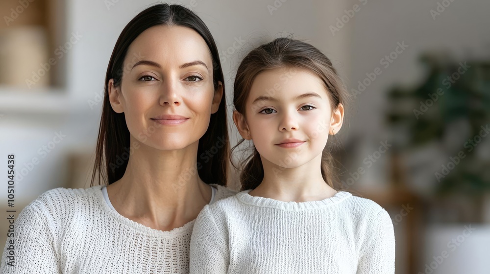 A portrait of a mother and daughter smiling together, warm and loving atmosphere. A portrait of a mother and daughter smiling together, warm and loving atmosphere.