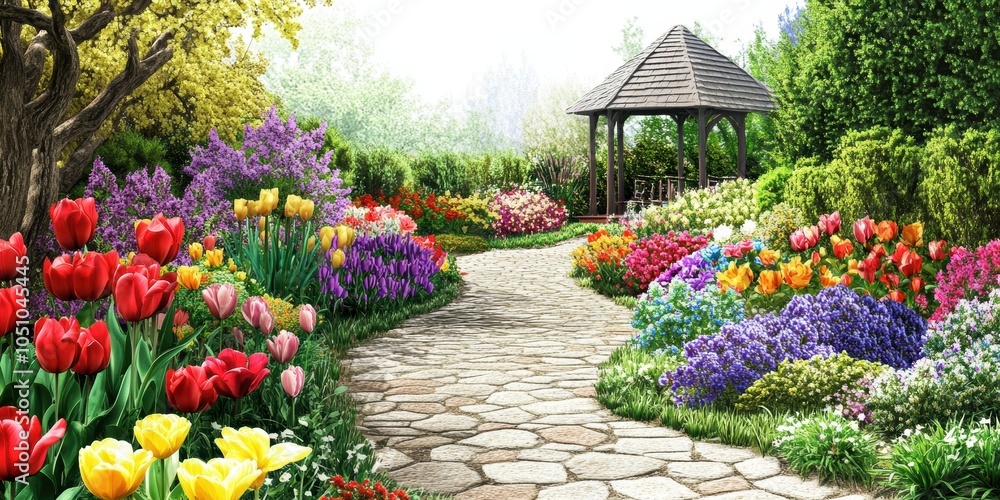 Stone path through colorful flower garden with gazebo. Stone path through colorful flower garden with gazebo.