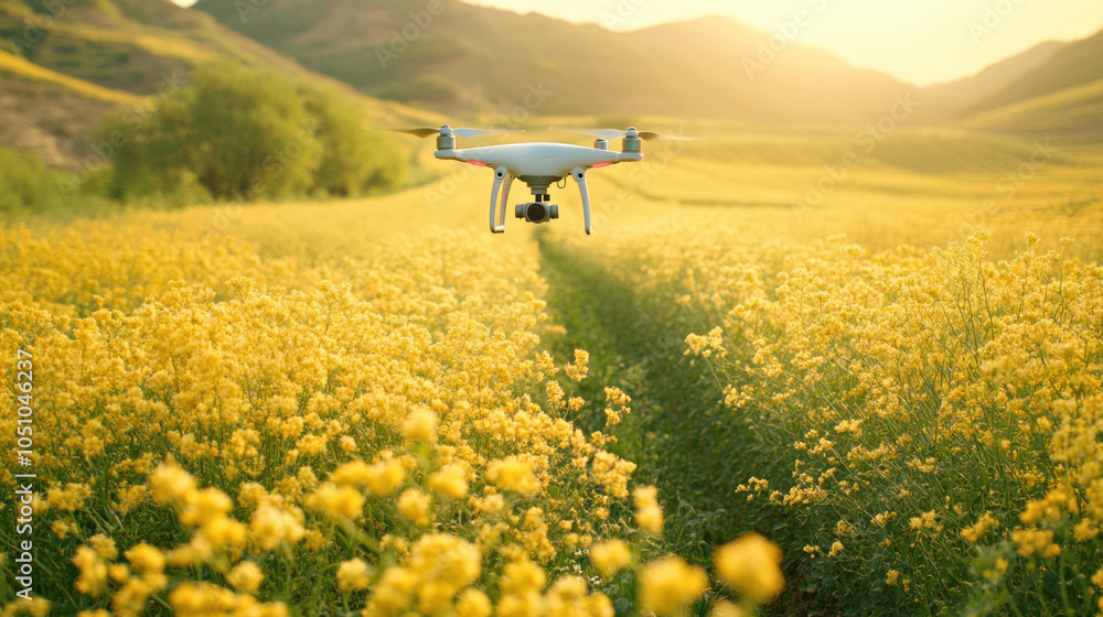 High-Tech Drone Flying Over Vast Sunlit Canola Field During Golden Hour High-Tech Drone Flying Over Vast Sunlit Canola Field During Golden Hour